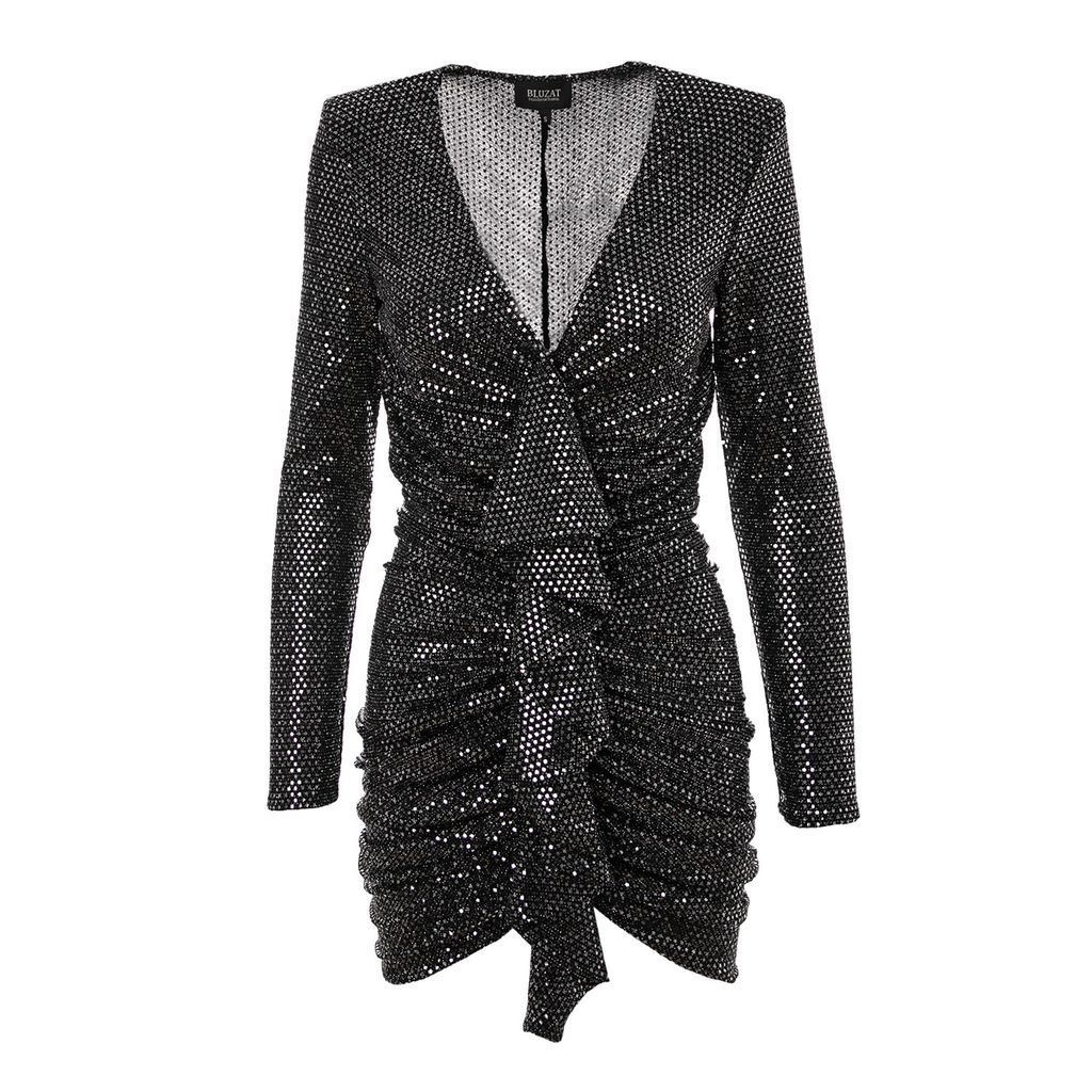 Women's Black Mini Dress With Sparkling Details And Ruffle Extra Small BLUZAT