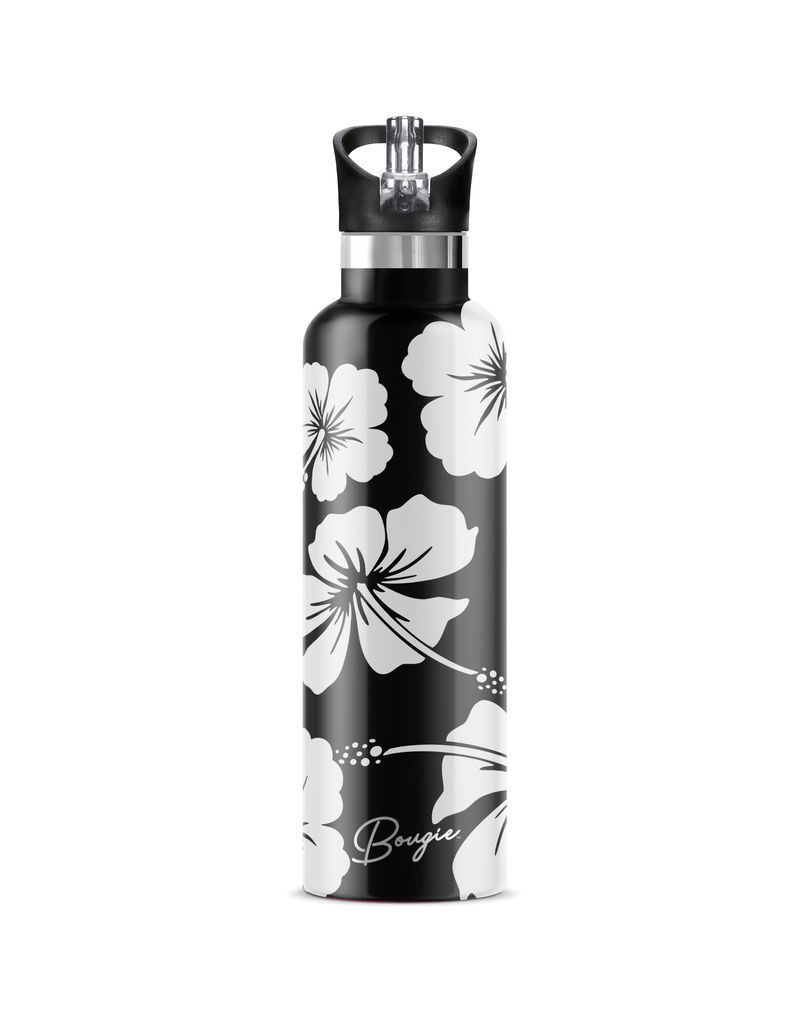 Women's Black / White Aloha Stainless Steel Double-Wall Insulated Water Bottle With Flip 'N' Sip Lid One Size My Bougie Bottle