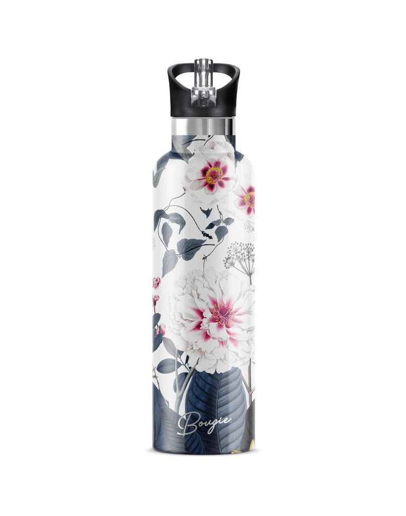 Women's Grey / White / Pink Peony Stainless Steel Double-Wall Insulated Water Bottle With Flip 'N' Sip Lid One Size My Bougie Bottle