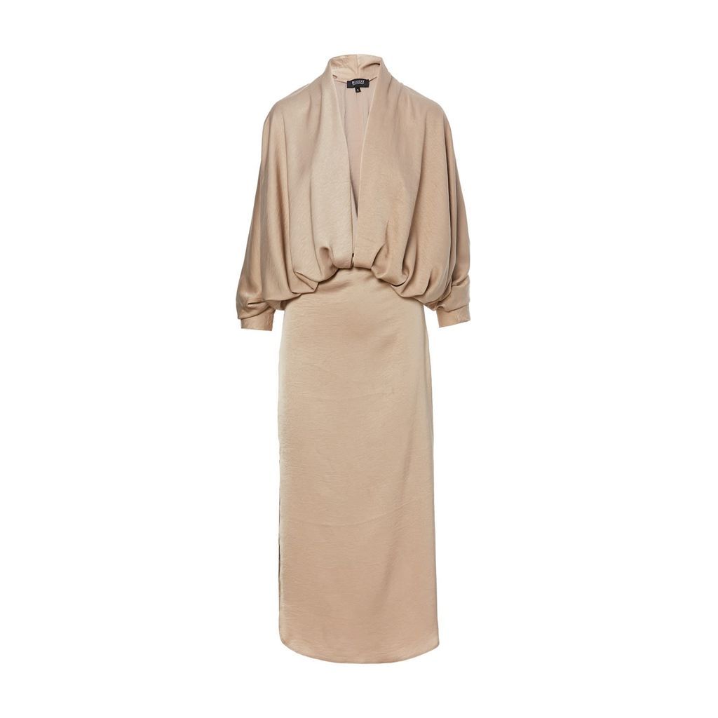Women's Neutrals Beige Draped Dress With Flared Sleeves Extra Small BLUZAT