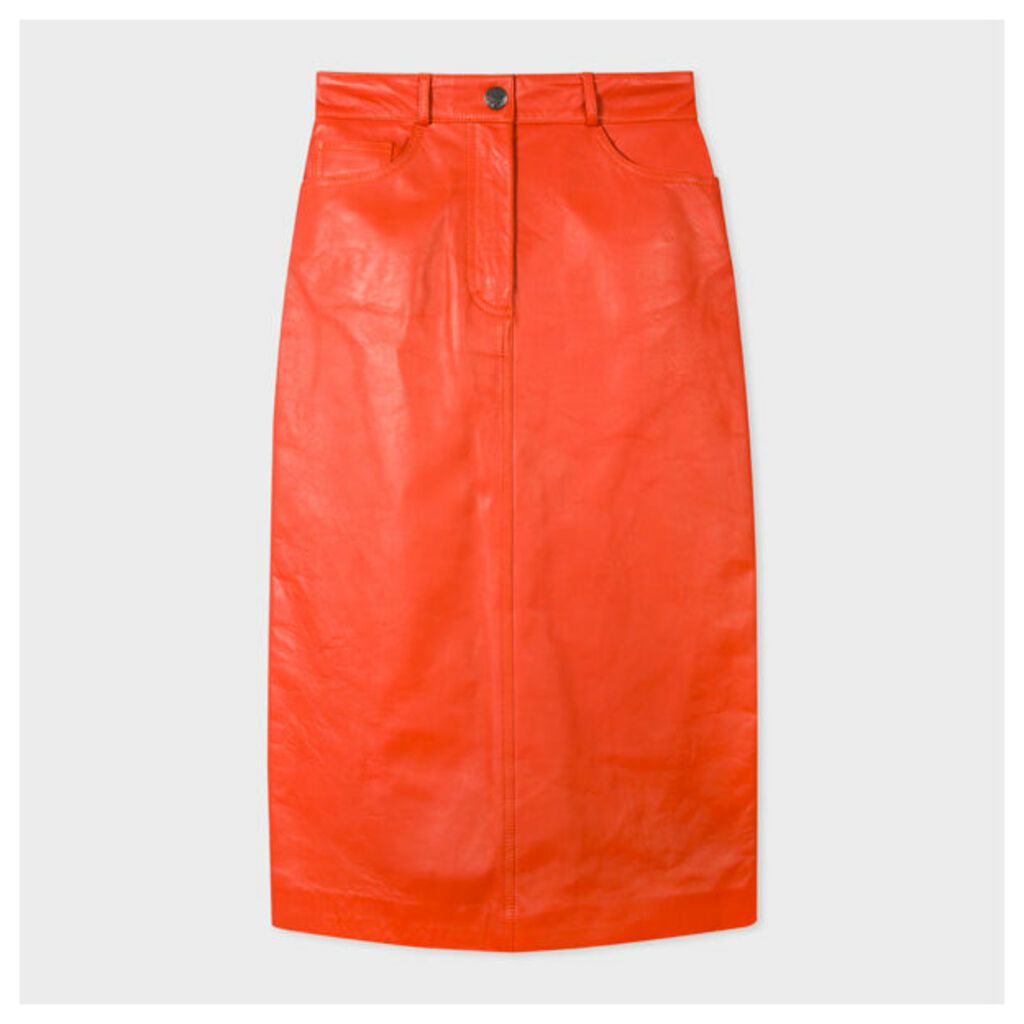 Women's Orange Leather Midi Pencil Skirt