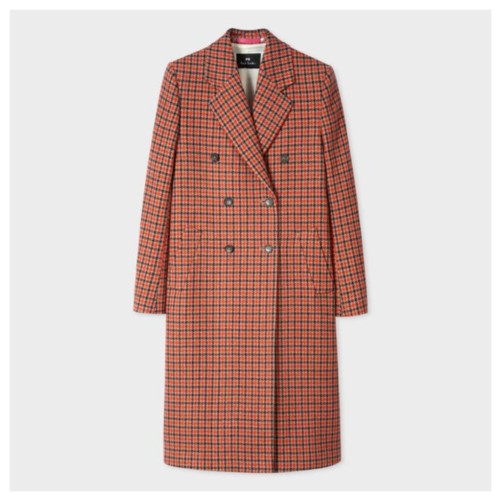 Women's Camel And Orange Dogtooth Motif Double-Breasted Wool-Blend Coat