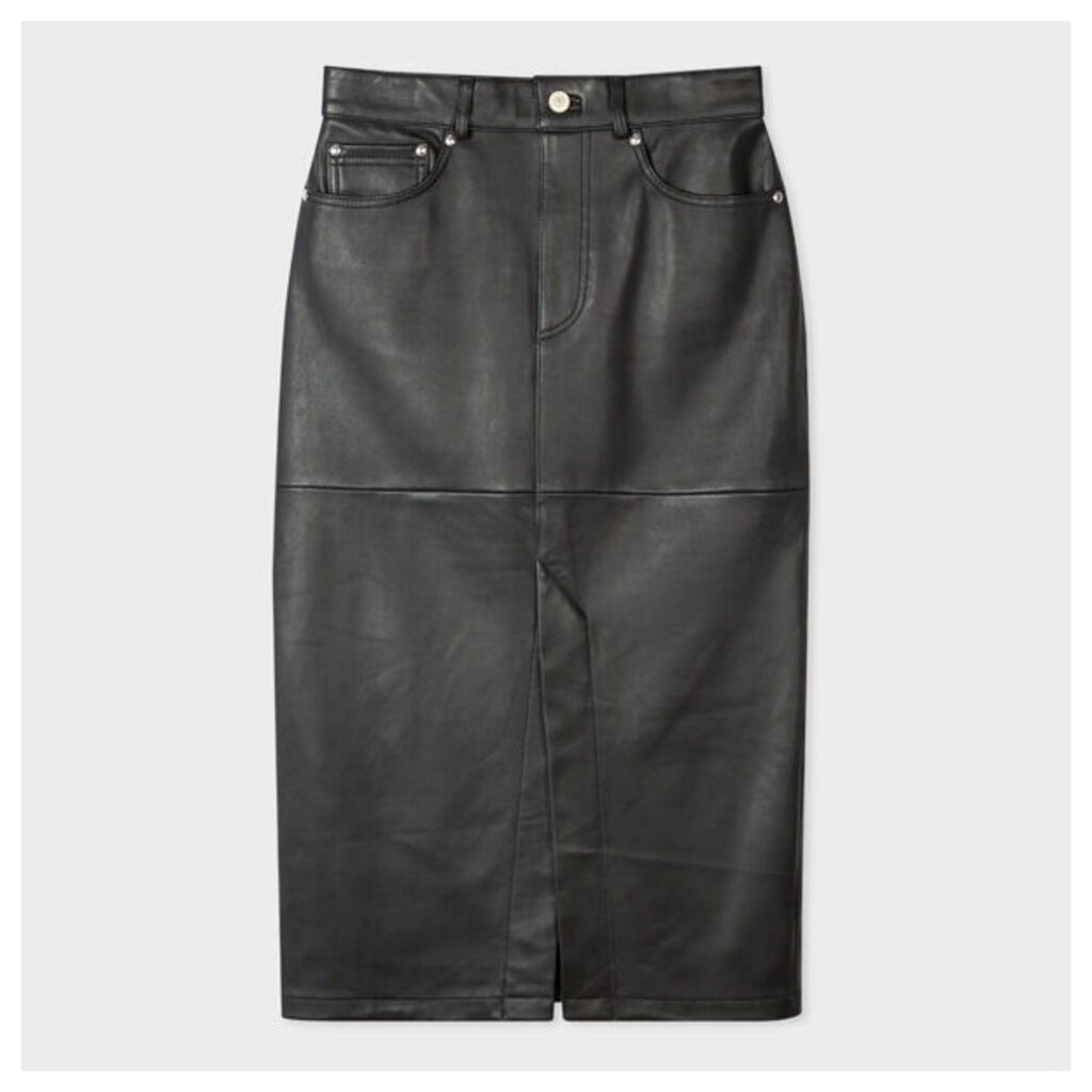 Women's Black Leather Midi Pencil Skirt With Split Front