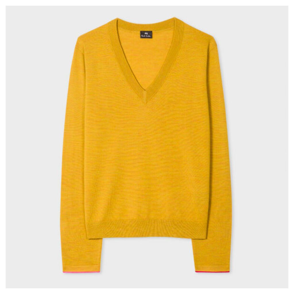 Women's Mustard V-Neck Wool-Blend Sweater With Interior Cuff Trims