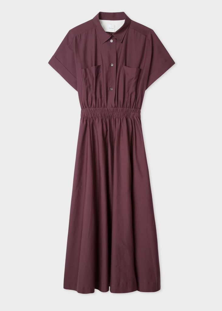 Women's Burgundy Cotton And Silk Midi Shirt Dress