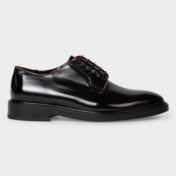 Women's Black High-Shine Leather 'Turner' Derby Shoes With Stripe Trims