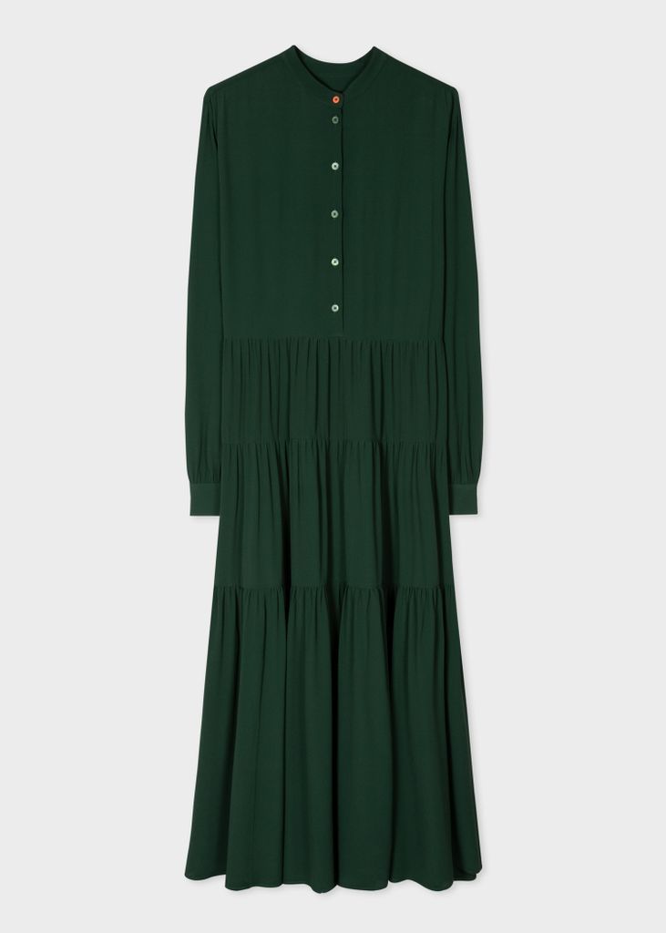 Women's Dark Green Silk-Blend Henley Dress