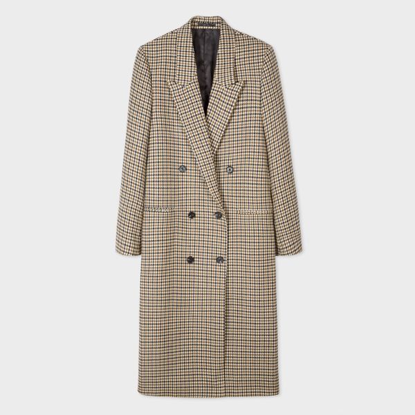 Women's Camel Houndstooth Wool Double-Breasted Coat
