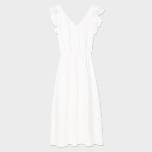 Women's White Cotton Broderie Anglaise Midi Dress