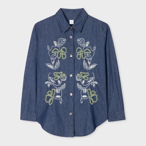 Women's Navy Chambray Embroidered Shirt