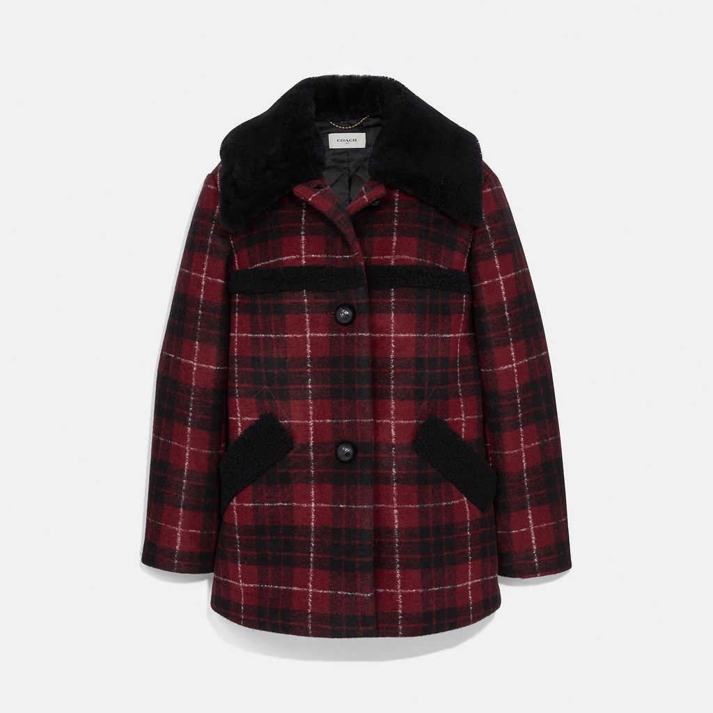 Plaid Wool Coat With Shearling Trim