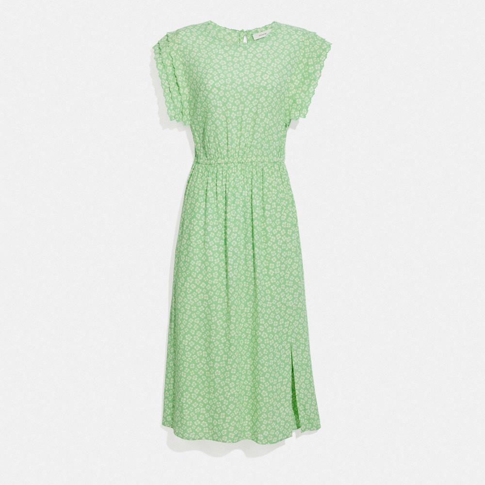 Graphic Ditsy Shoulder Pleat Midi Dress in Green - Size 06