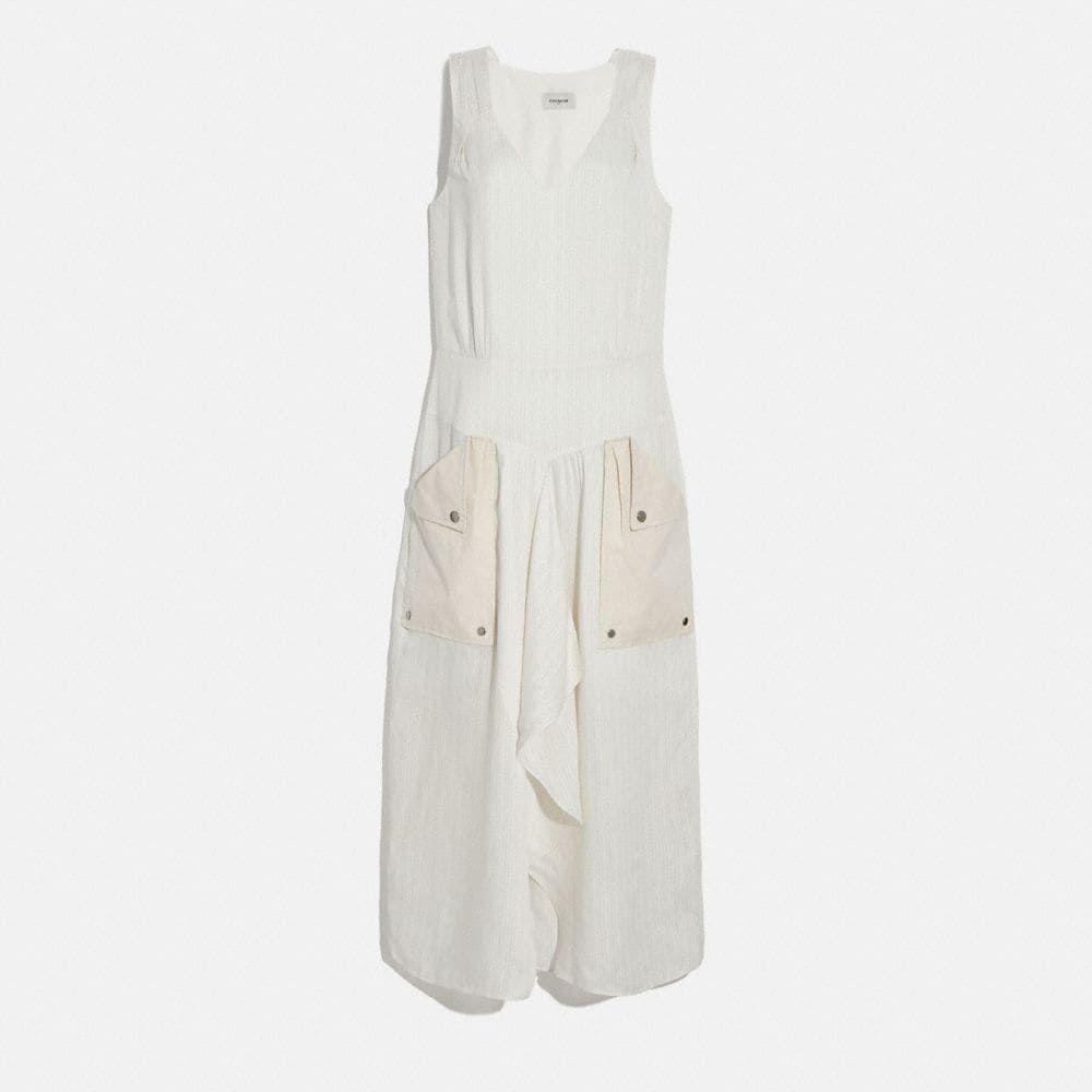 Silk Stripe Long Dress With Snap Pockets in Beige - Size 06