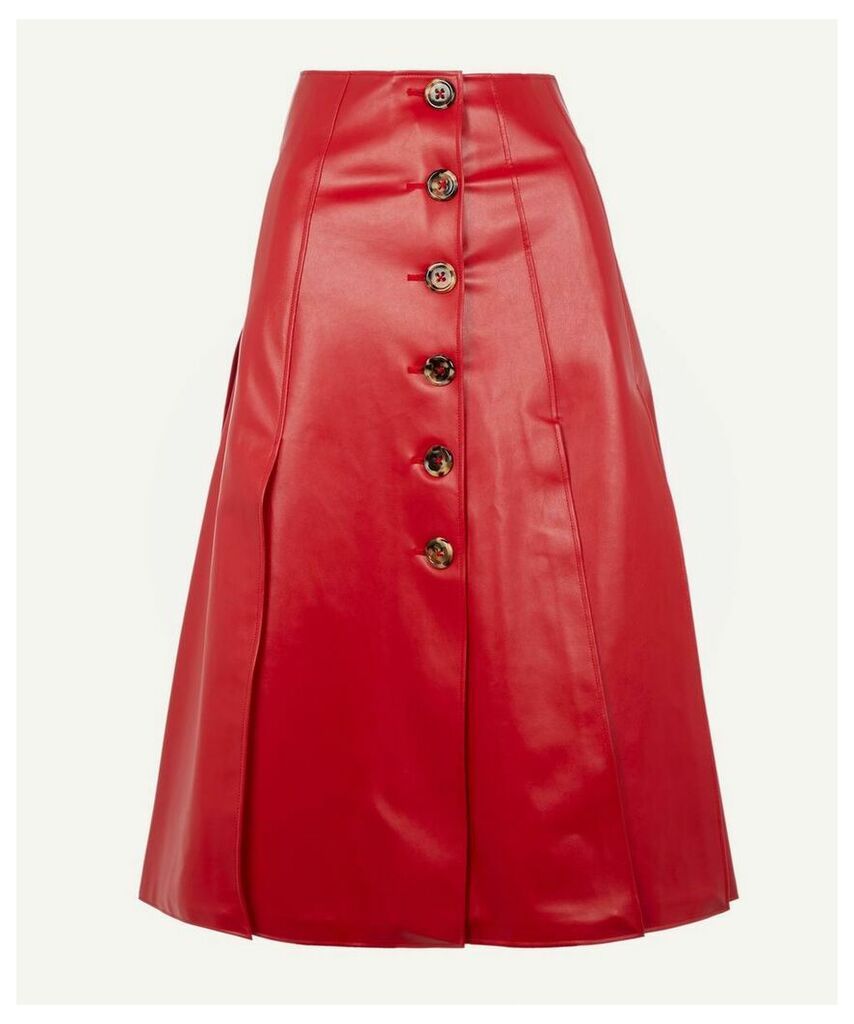 Faux-Leather Button-Up Pleated Skirt
