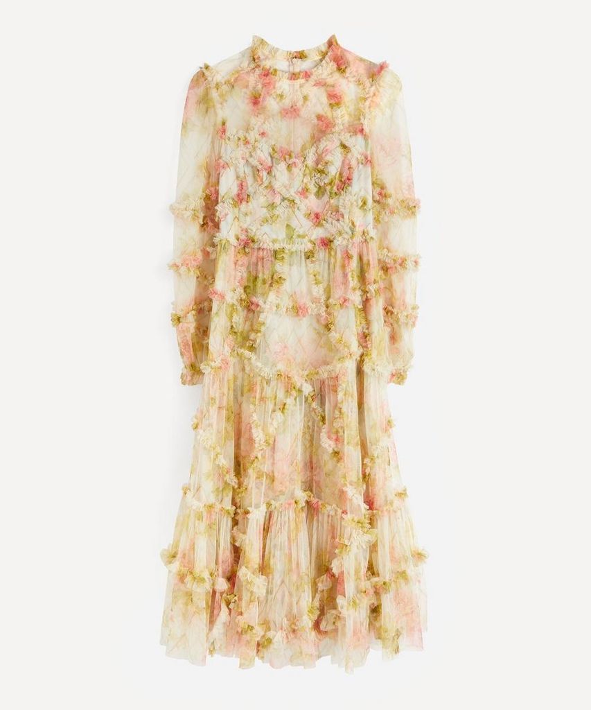 Harlequin Rose Ruffle Midi-Dress