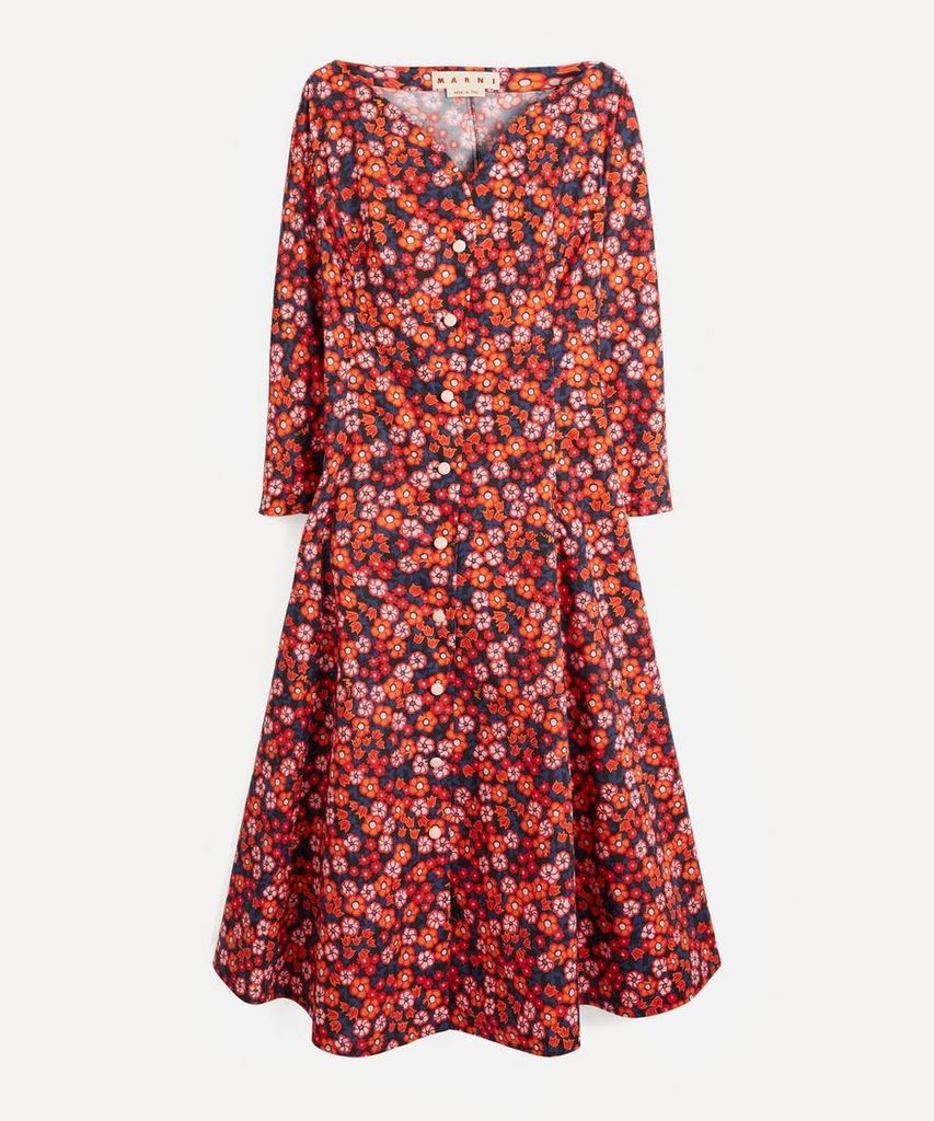 Floral Open-Neck Cotton-Poplin Dress