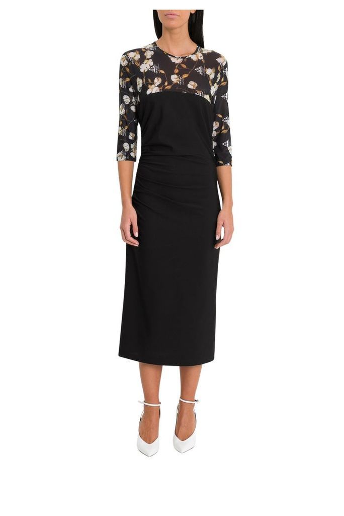 Off-White Sheath Dress With Floral Insert