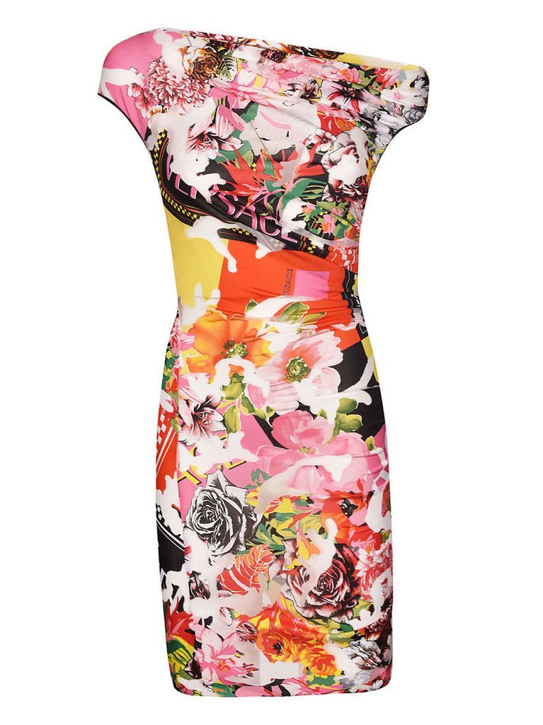 Versace Floral Print Exposed Shoulder Dress