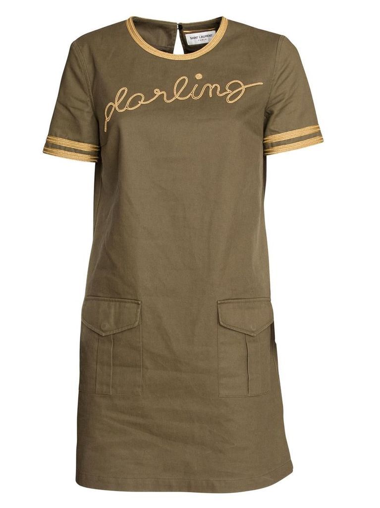 Saint Laurent Dress In Cotton And Linen Gabardine, With Darling Embroidery In Green