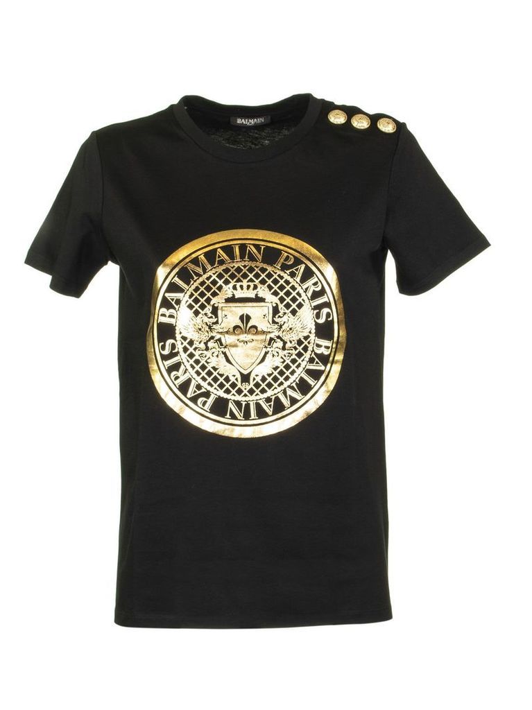 Balmain Black Cotton T-shirt With Balmain Medallion Print