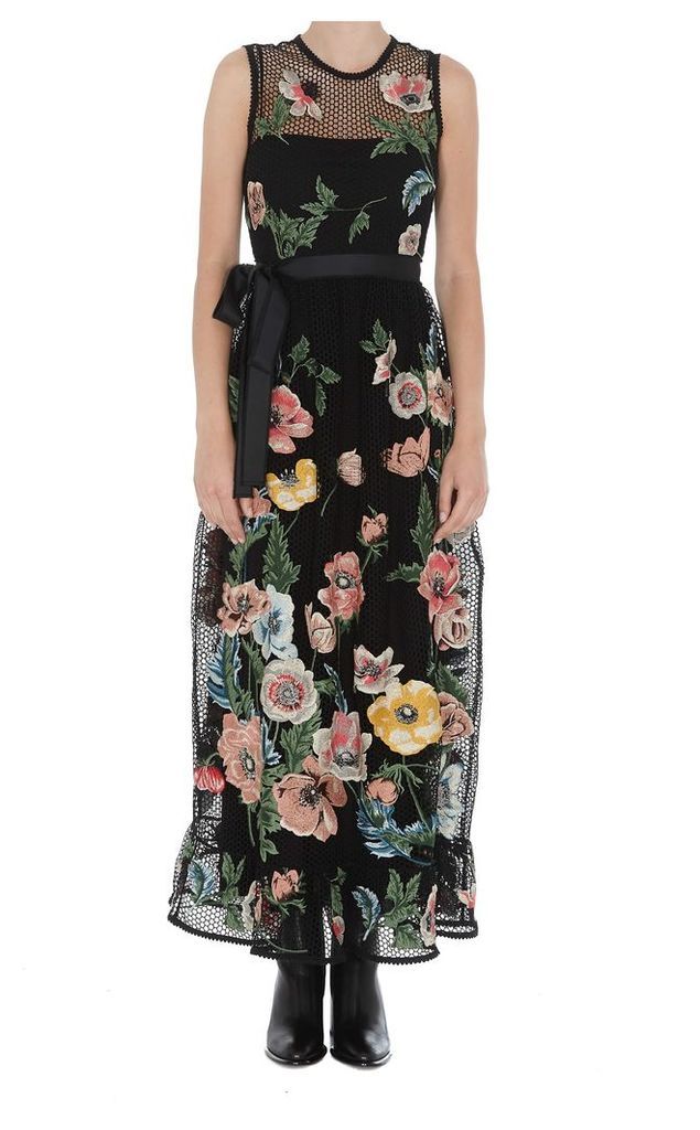 Red Valentino Macrame Dress With Embroidered Poppies Detail