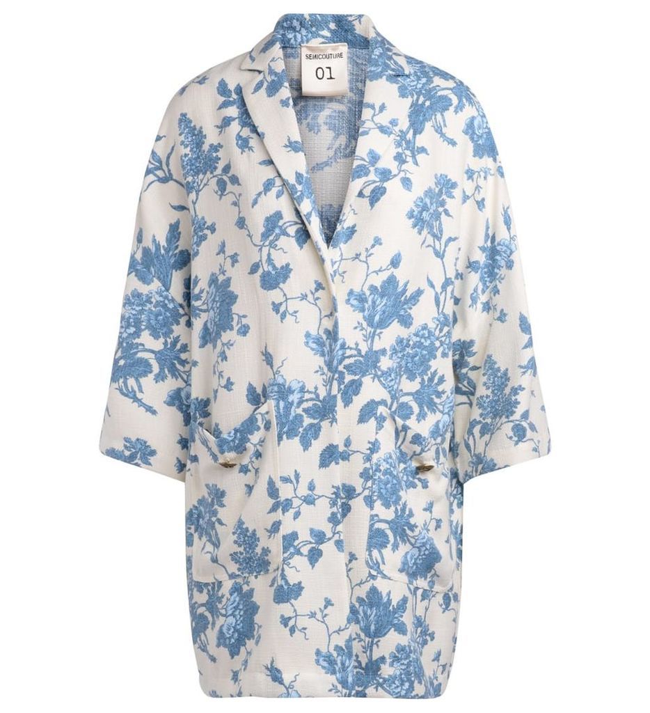 Semicouture Sigmund White Coat With Light-blue Floral Pattern.