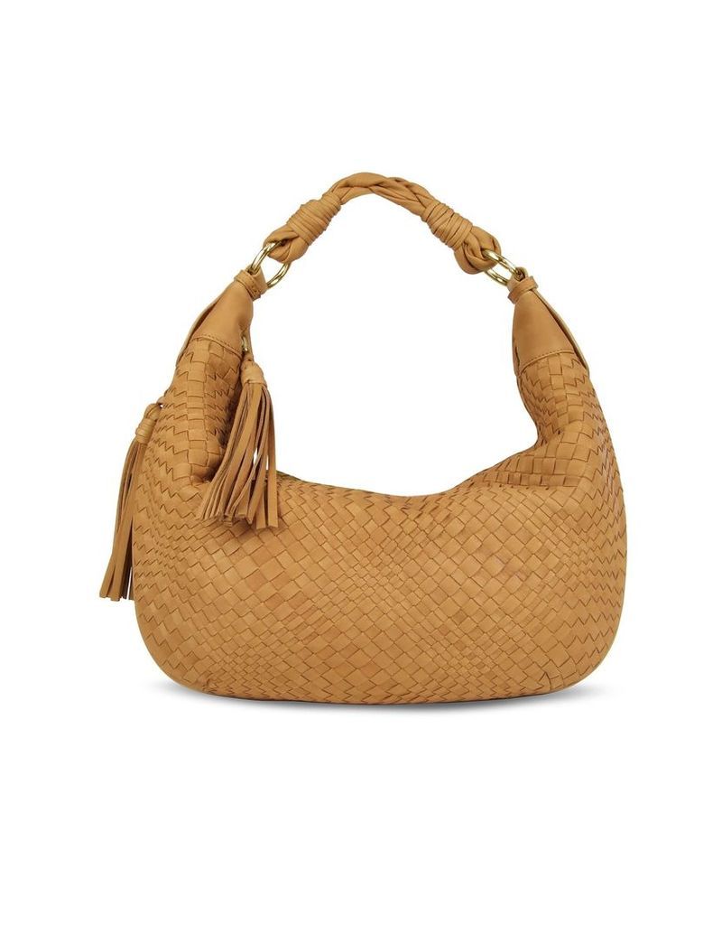 Fontanelli Tan Washed Woven Leather Gusset Hobo Bag