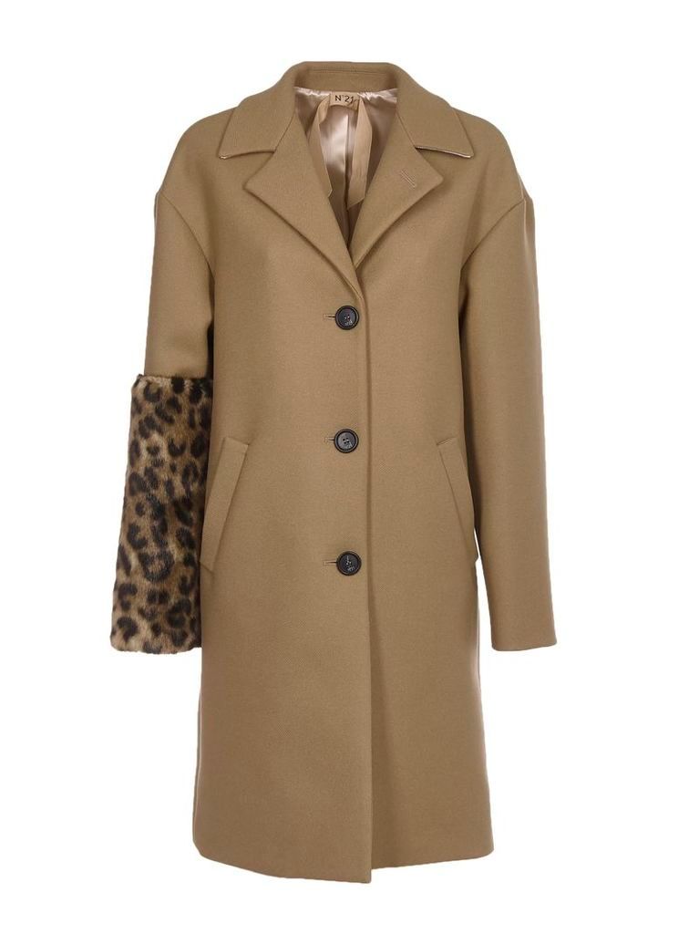 N.21 Camel Coat With Leopard Faux Fur