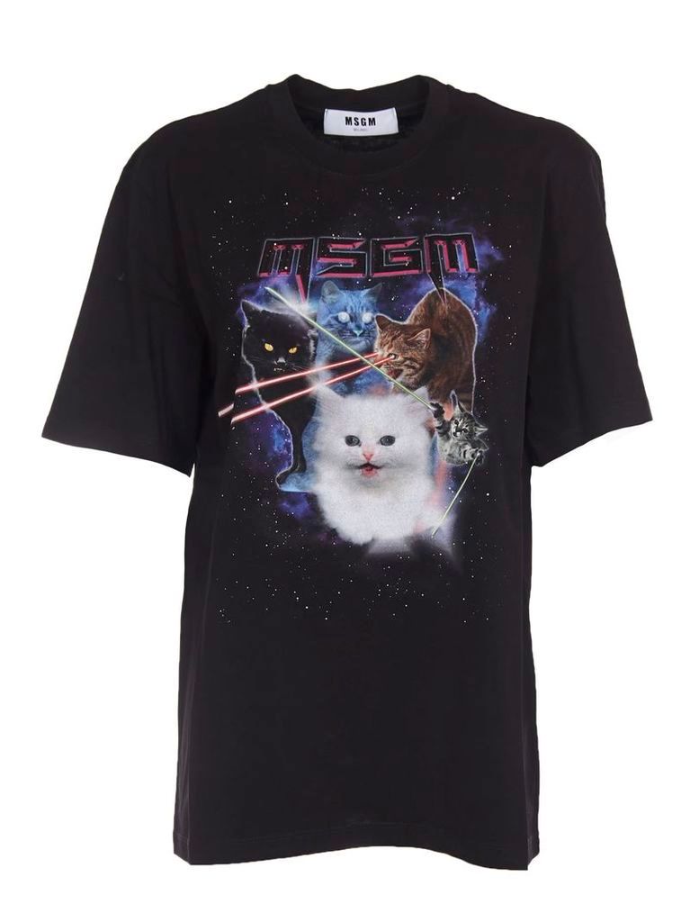 MSGM Black T-shirt With Cat Print