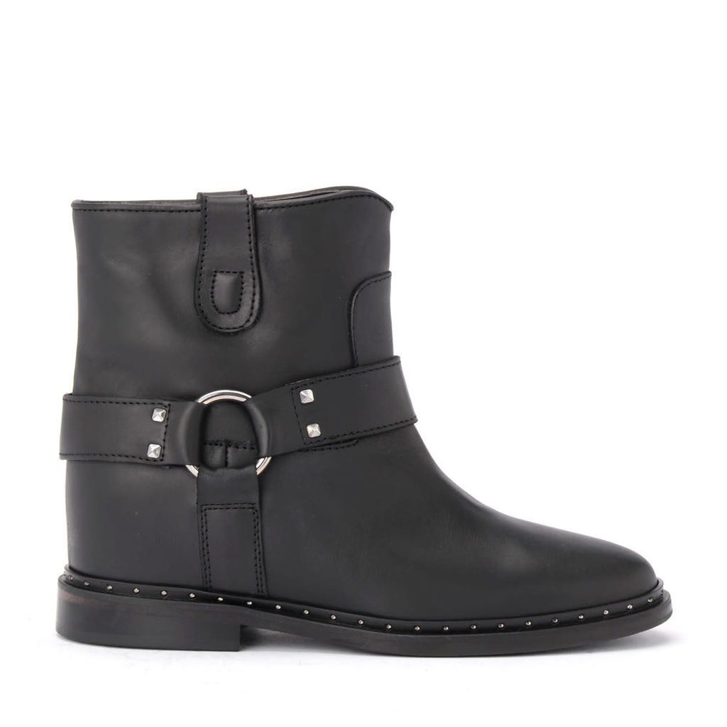 Black Leather Ankle Boot With Micro Studs And Strap