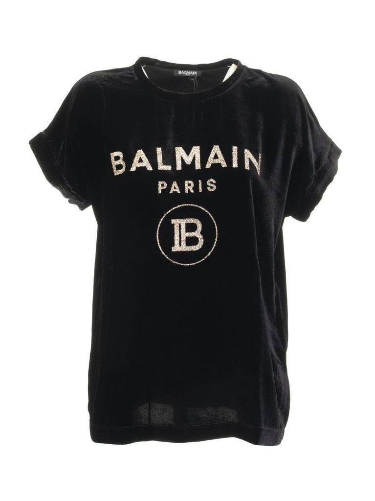 Balmain Black Velour T-shirt With Rhinestone Balmain Logo