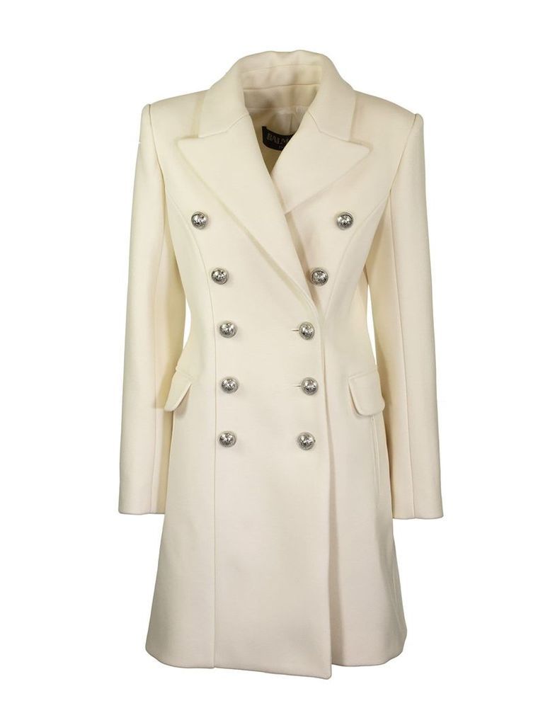 Long Double Breasted White Wool Coat With Buttons