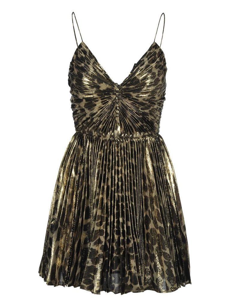 Saint Laurent Leopard Print Pleated Dress