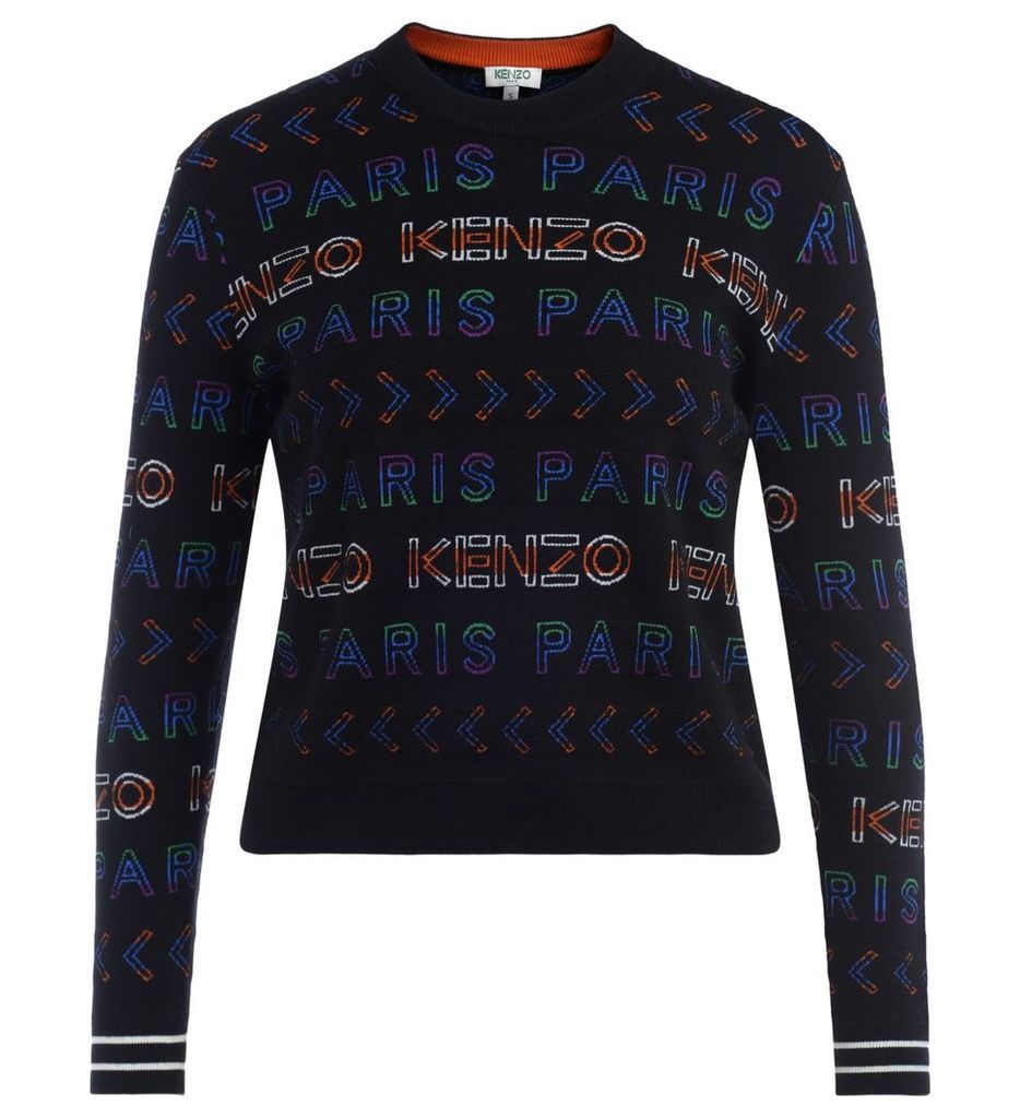 Kenzo Sweater In Black Wool With Multi-colored Crew-neck