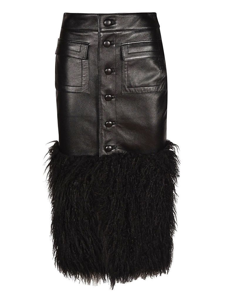 Saint Laurent Bottom Furry Detail Buttoned Leather Skirt