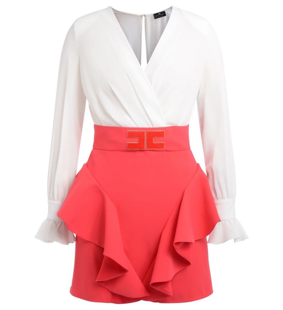 Elisabetta Franchi Ivory And Coral Dress With Side Ruffles