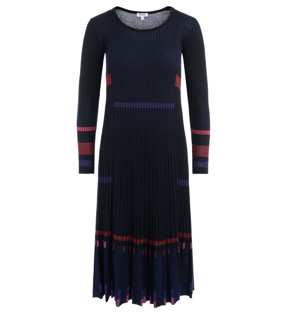 Crew Neck Blue And Black Ribbed Dress With Lurex Inserts