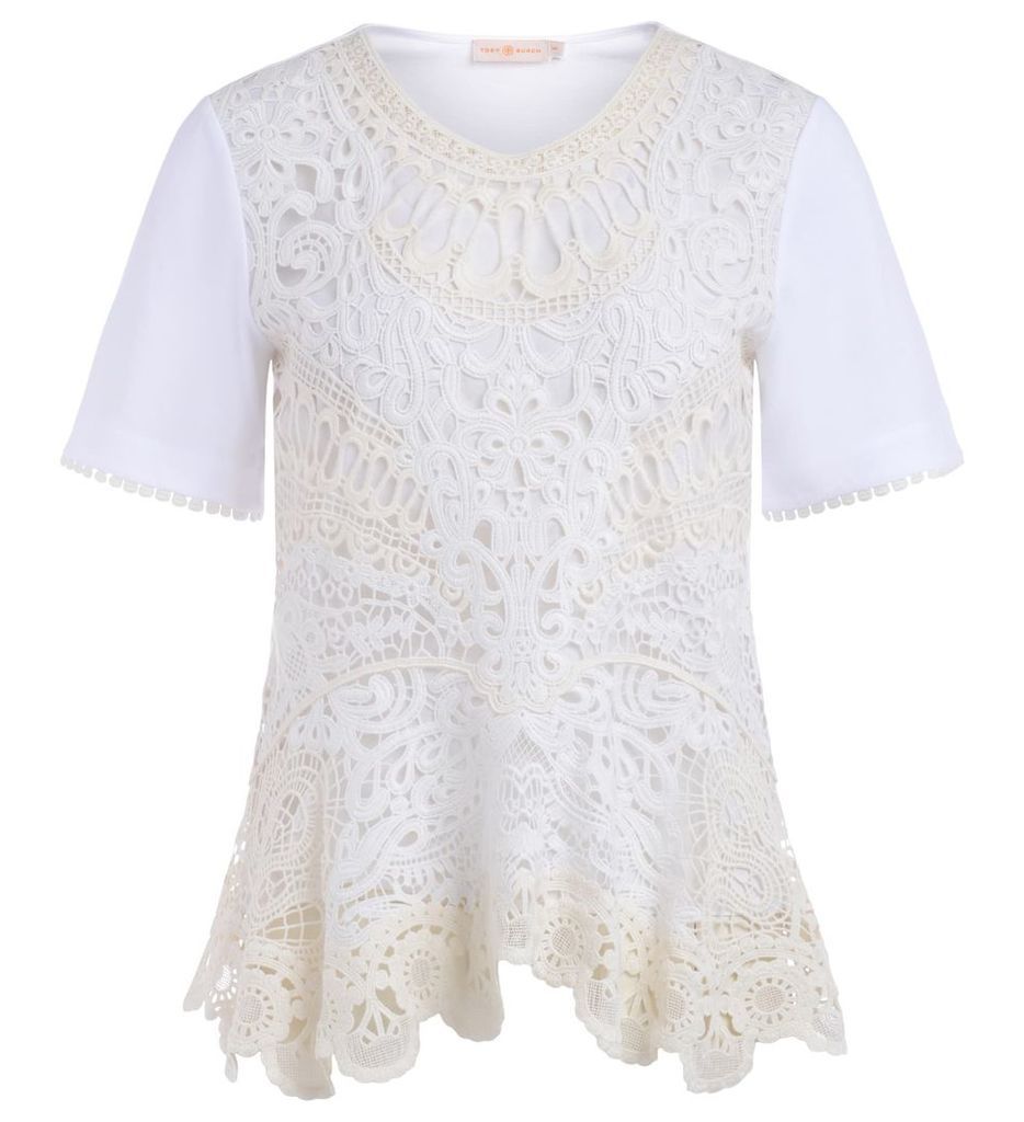 White Cotton T-shirt With Lace Embroidery