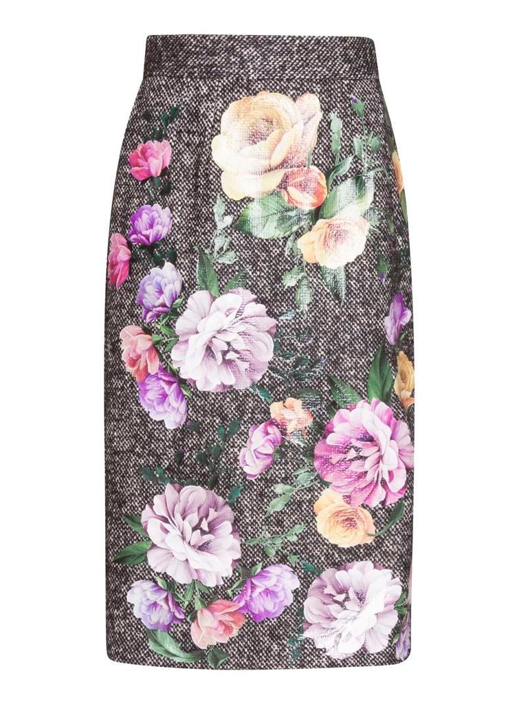 Tweed Midi Skirt With Laminated Flower Patches