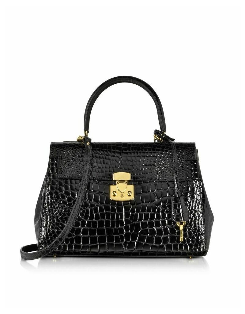Fontanelli Shiny Black Croco-style Leather Handbag