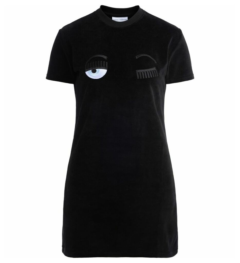 Chiara Ferragni Dress In Black Chenille With Front Flirting Embroidery
