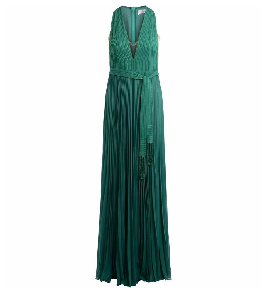 Elisabetta Franchi Emerald Green Dress With Pleats And Embroidery