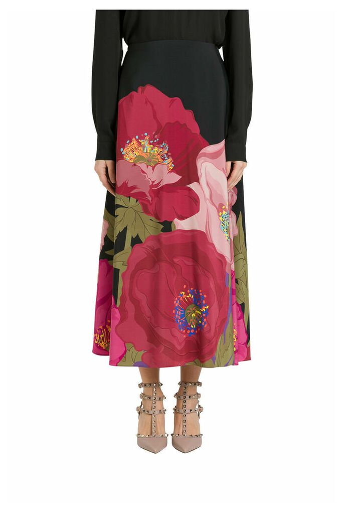 Printed Crepe De Chine Skirt With Macro Poppy Print