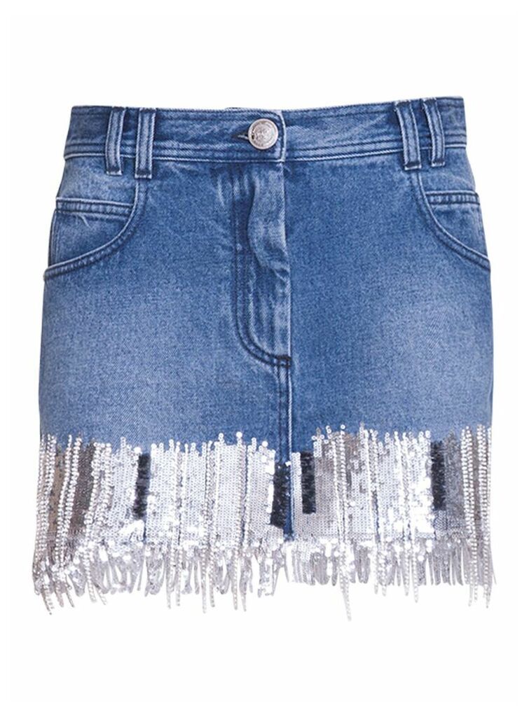 Balmain Short Blue Denim Skirt With Fringes And Sequin Embroidery