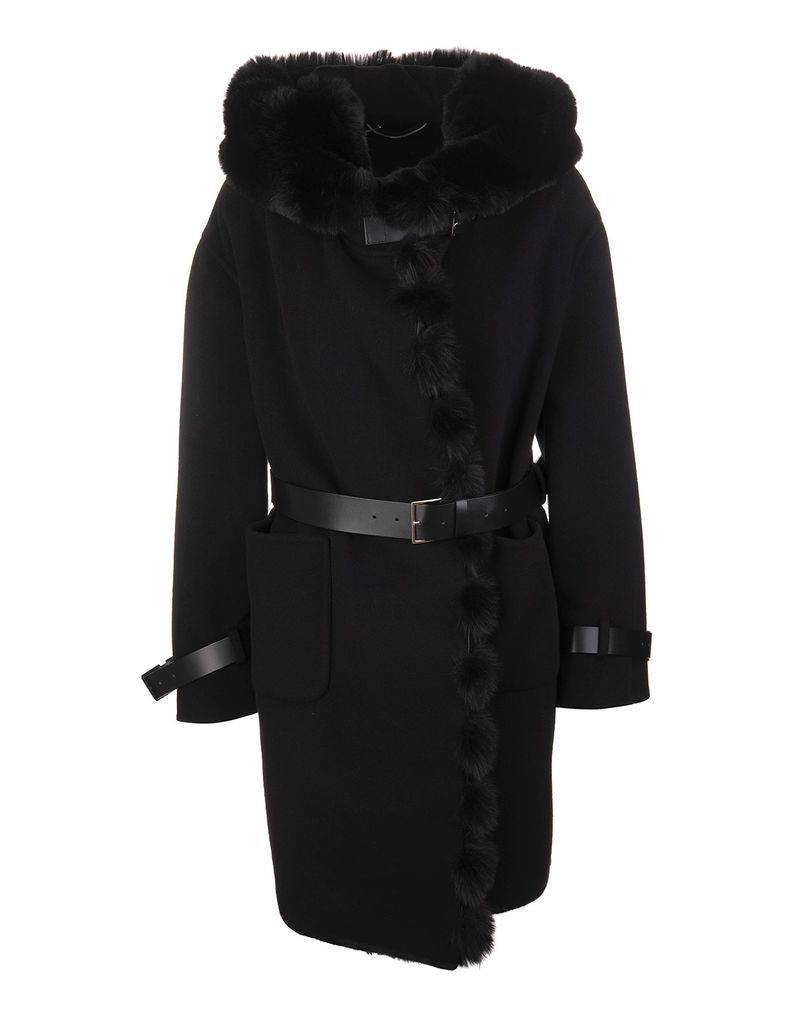 Woman Coat With Hood In Black Wool