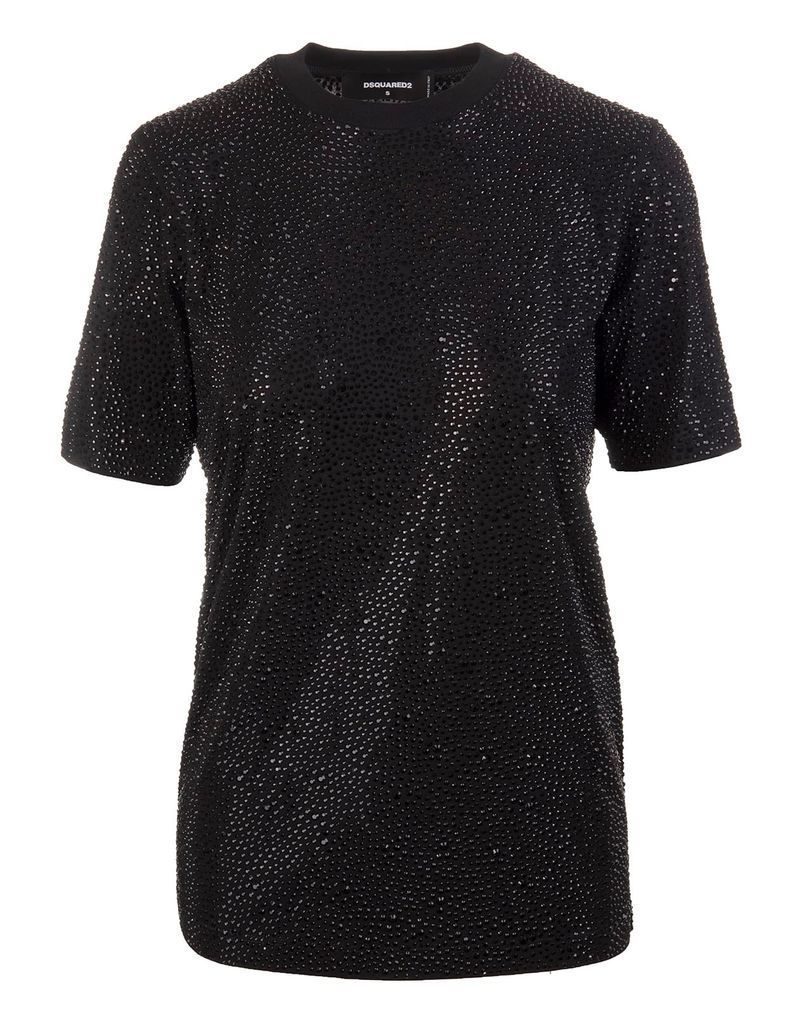 Black Woman T-shirt With All-over Rhinestones
