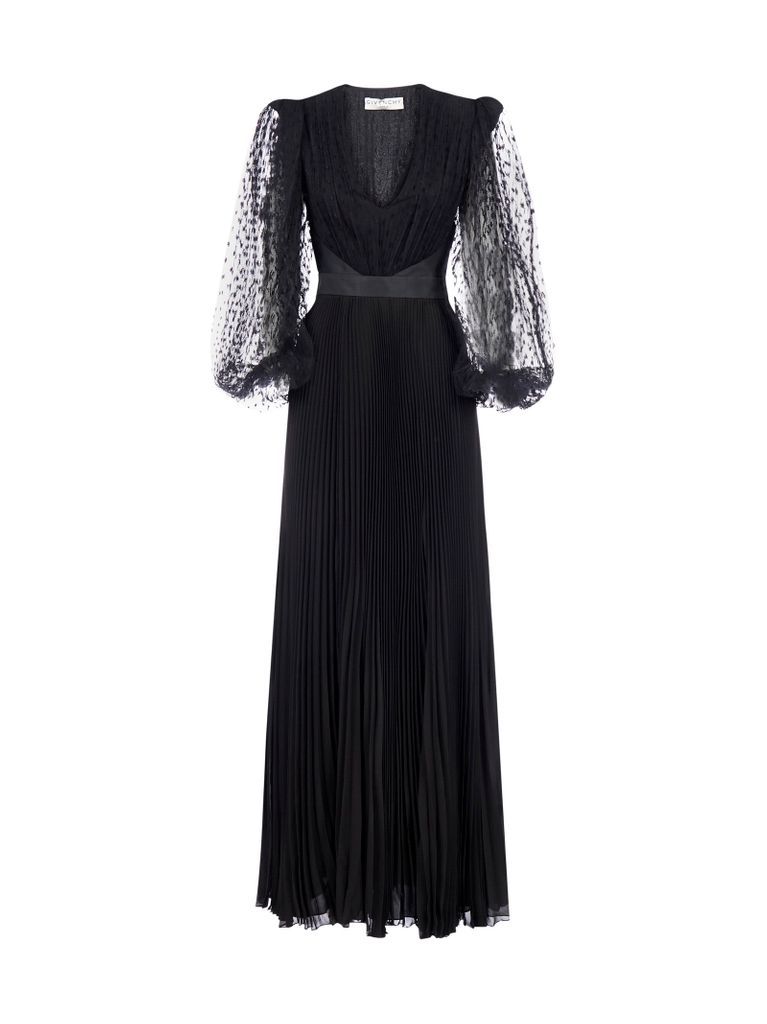 Pleated Silk And Lace Evening Dress