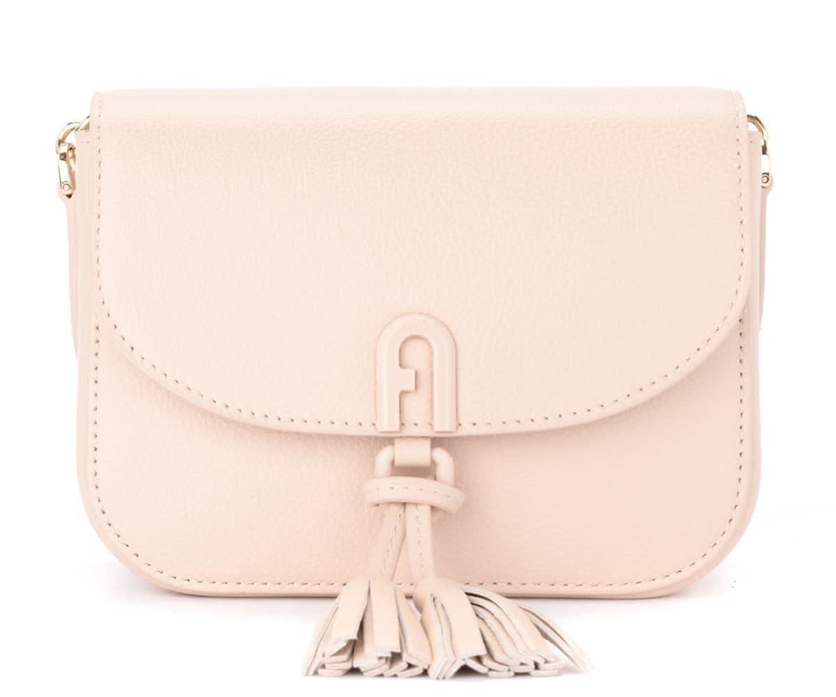 Tassel Mini Shoulder Bag In Pastel Pink Printed Leather