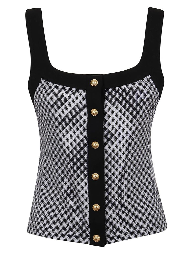 Buttoned Gingham Printed Strap Top