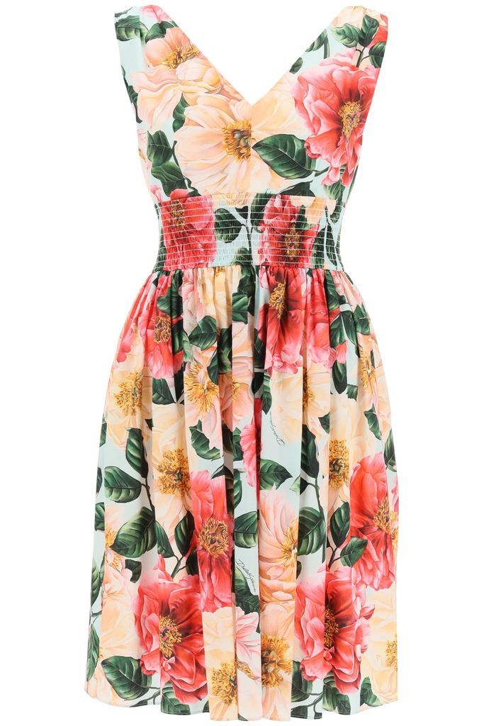 Camellia Print Cotton Midi Dress